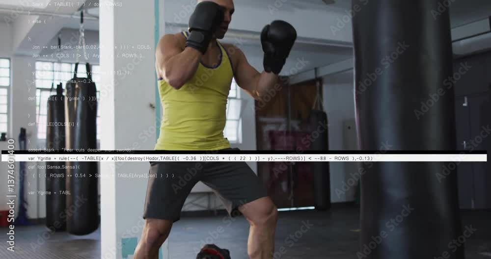Poster man in gym practicing boxing with punching bag over code animation