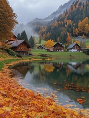 Breathtaking alpine village reflecting on a mountain lake during a misty autumn day