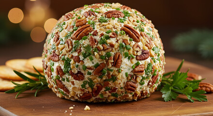 Festive cheese ball coated with pecans, herbs and crackers for holiday appetizer