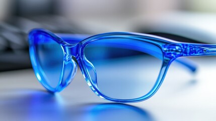 Stylish Transparent Blue Glasses on Desk with Computer Keyboard and Blur Background for Fashion, Accessory, and Eyewear Concepts in Modern Lifestyle