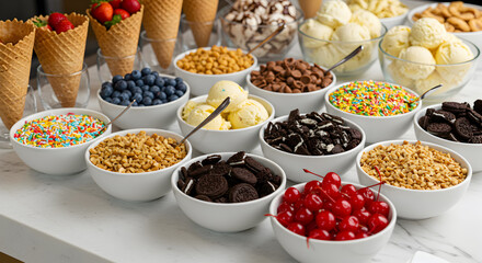 Delightful ice cream sundae bar with assorted colorful toppings selection