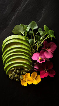Microgreens with avocado slices, pumpkin seeds, and a couple of contrasting flower petals