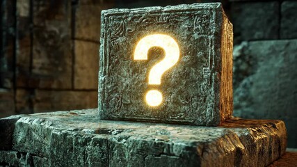 Glowing question mark on ancient stone block in dimly lit ruins, mystery concept - Powered by Adobe
