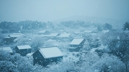 Tranquil Winter Landscape with Snow-Covered Rooftops and Delicate Snowflakes Falling in a Serene Village Setting Under a Soft Gray Sky