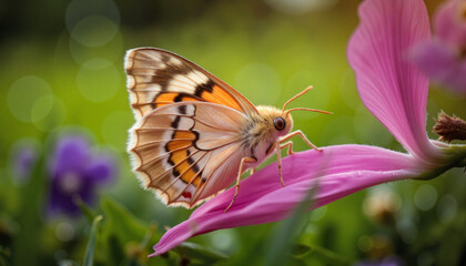 Butterfly resting on pink flower in a vibrant garden