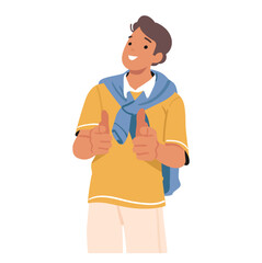 Teenage boy cartoon character pointing forward at viewer with two fingers indicating good choice