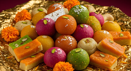 Assorted Diwali sweets: Ladoo and Barfi presented on a shimmering gold tray