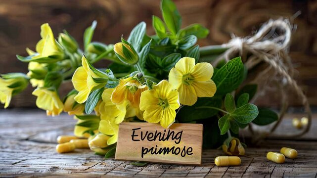 Evening primrose flowers and supplement capsules. Selective focus. nature.