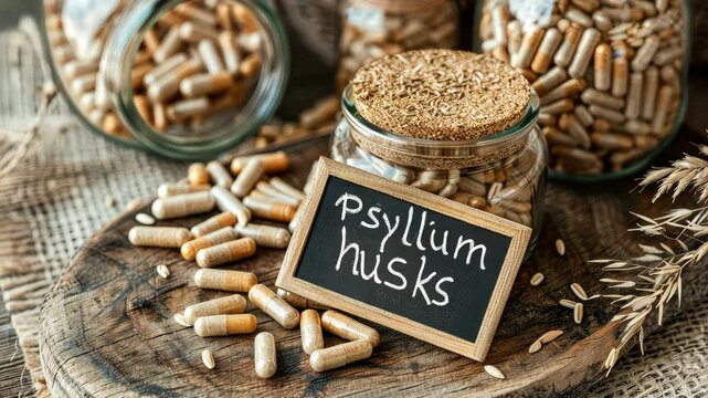 Psyllium husks in powder and capsules. Selective focus. food.
