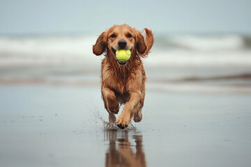Adorable purebred pet dog with tennis ball in mouth running with reflection on wet sandy beach