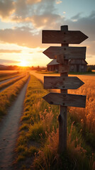 Rustic wooden signpost guiding the way along a dirt road towards a weathered barn at sunset, set against a golden field landscape.