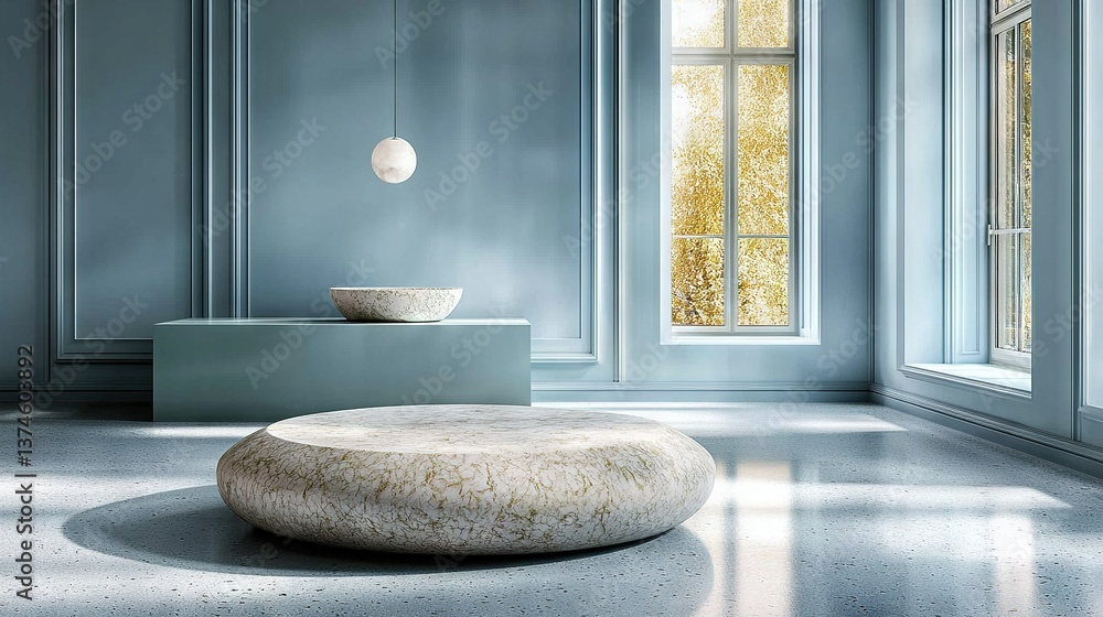 Poster a room adorned with blue walls features a round white object at its center and a window in the dista