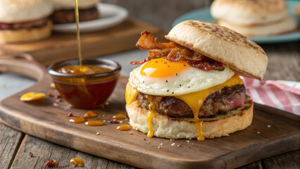 "A thick beef patty layered with cheddar, crispy bacon, and a sunny-side-up egg on a buttery English muffin. Maple syrup drizzle adds a sweet-savory kick."