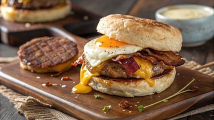"A thick beef patty layered with cheddar, crispy bacon, and a sunny-side-up egg on a buttery English muffin. Maple syrup drizzle adds a sweet-savory kick."