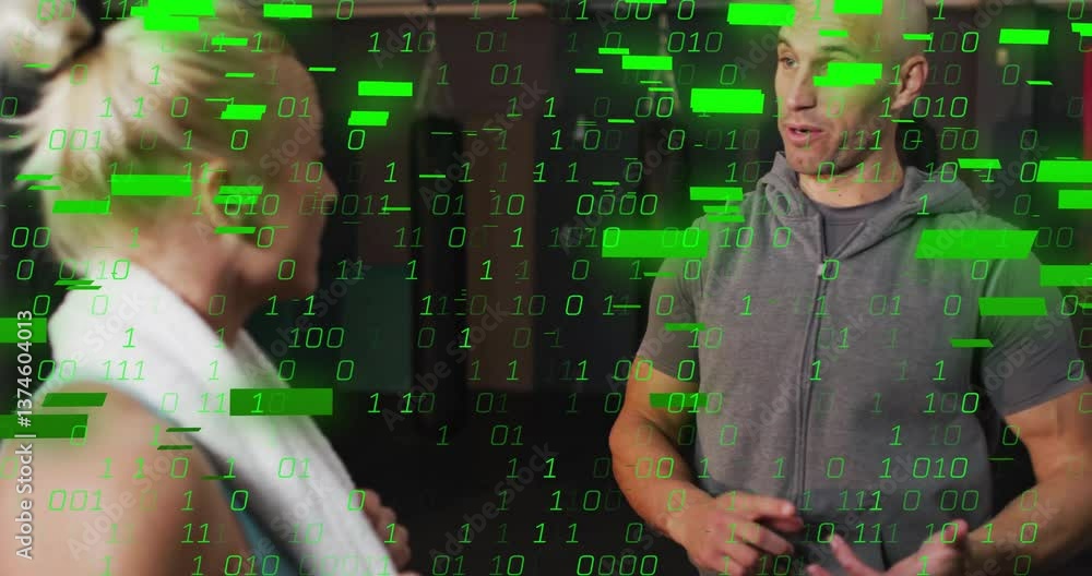 Poster binary code animation over two people discussing in modern office setting