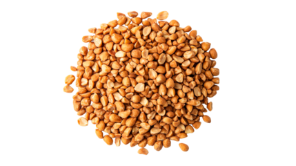 Heap of roasted peanuts, halved and blanched, against black, cut out transparent