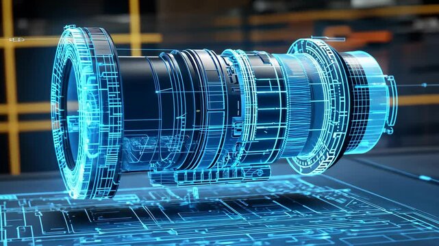 Complex engine part design hologram floating over blueprint being projected in augmented reality, showcasing innovative automotive engineering and futuristic manufacturing process