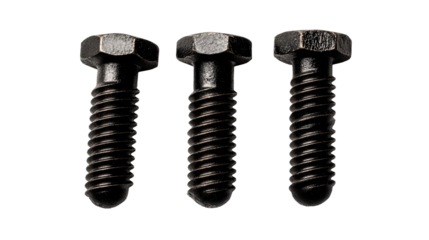 Three Black Hex Head Lag Screws, Fastener on Isolated Black Background, cut out transparent