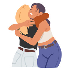 Two young women cartoon characters warmly hugging greeting each other expressing love during meeting