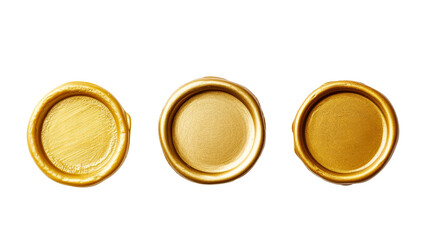 Three Shiny Golden Wax Seals on Black Background, cut out transparent