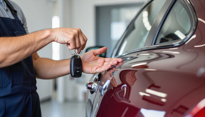 Customer appreciating crafted wooden coffee table in modern living room, craftsmanship