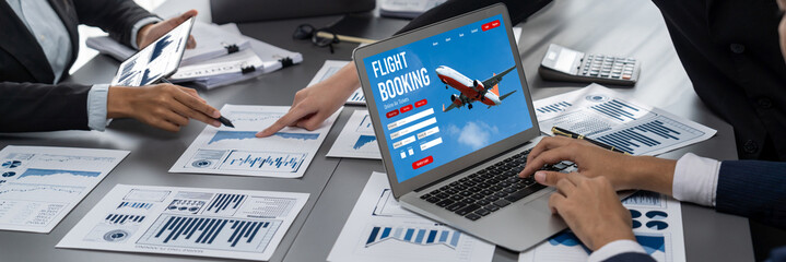 Online flight booking website provide brisk reservation system . Travel technology concept .