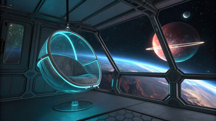 A futuristic transparent pod chair glowing with neon-blue light, floating weightlessly inside a cosmic space station overlooking a distant galaxy.

