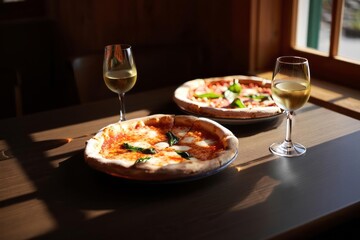 Two delicious pizzas and glasses of red and white wine on a wooden table by the window in a cozy pizzeria. Natural light and rustic food atmosphere.