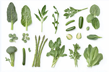 Healthy green vegetable collection. Design element. Top view, flat lay