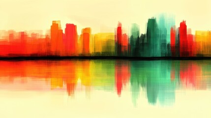 Obraz premium Vibrant, blurred skyline reflects on water. Bold colors create an abstract cityscape