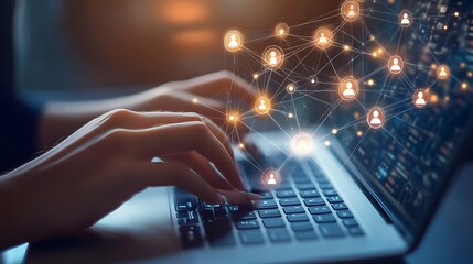 Hands Typing on Laptop, Glowing Social Network Overlay, Modern Technology