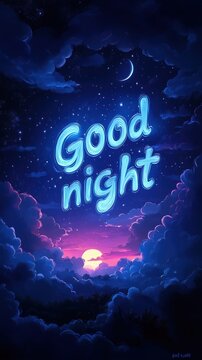 The night sky is adorned with skywriting spelling out 'Good Night' in a dreamy fashion. Wispy clouds gently embrace the text, creating a peaceful nocturnal ambiance.