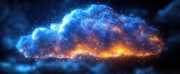 Fototapeta premium Ethereal cloud illuminated with orange and blue hues floating amid a dark, smoky backdrop