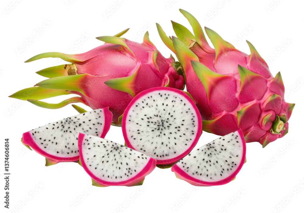Poster a vibrant display of dragon fruit with whole and sliced pieces on a plain background showing texture