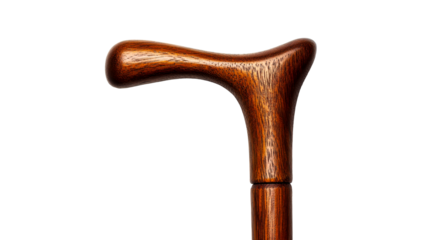 Elegant wooden walking cane with crook handle, isolated, cut out transparent