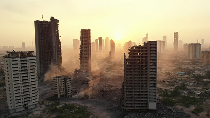 Fototapeta premium A drone shot of a ruined business district, where skyscrapers have partially collapsed, and dust clouds still linger in the air