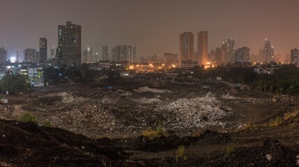 Urban Landscape at Night with Piles of Waste and City Skyscrapers Illuminated by City Lights, Showcasing the Contrast between Nature and Urban Development