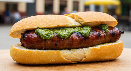 Delicious Argentine chorip?n with vibrant chimichurri sauce street food delight