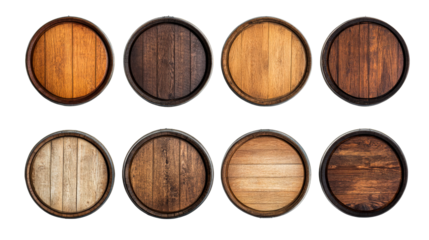 Wood barrels with different wood tones, top view, cut out transparent