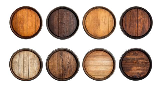 Wood barrels with different wood tones, top view, cut out transparent