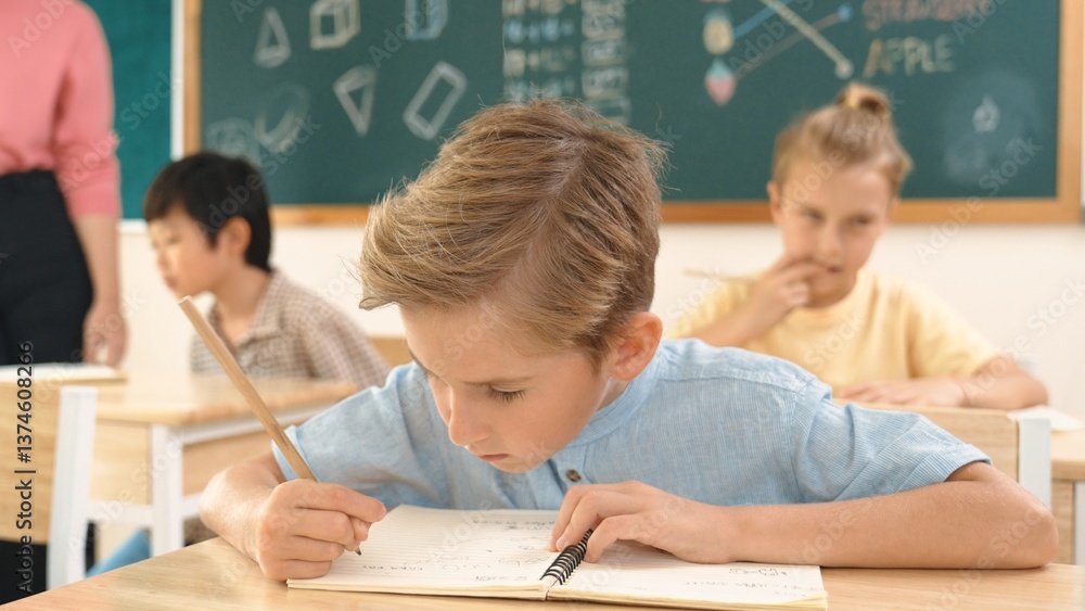 Poster attractive caucasian boy looking at camera while studying math at school. diverse cute student doing