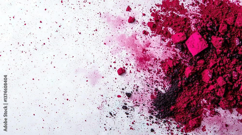 Poster a close-up photo of a heap of bright red powder on a white background with a dark object in its cent