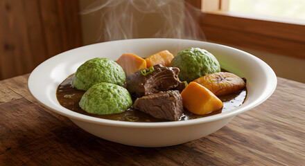 Exotic goat water stew presentation, showcasing a rich and savory culinary experience