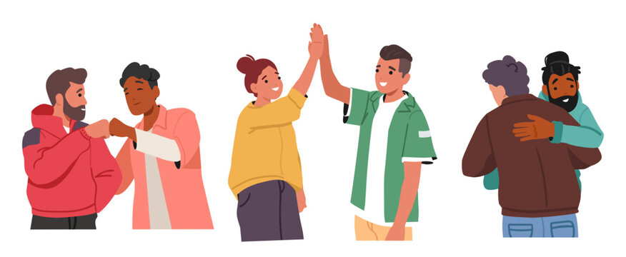 Young diverse people greeting gesture high-five and fist bump symbols and warm friendly hugs