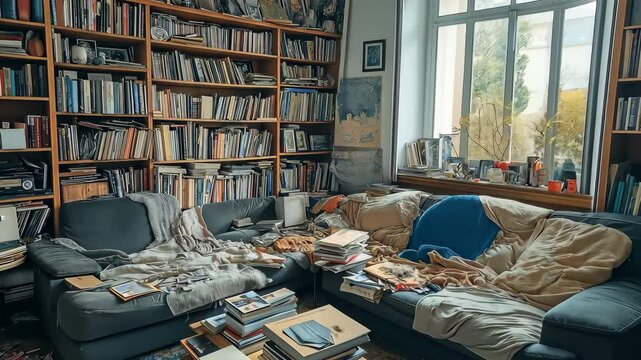 A cluttered living room with a sofa, tables, and shelving units