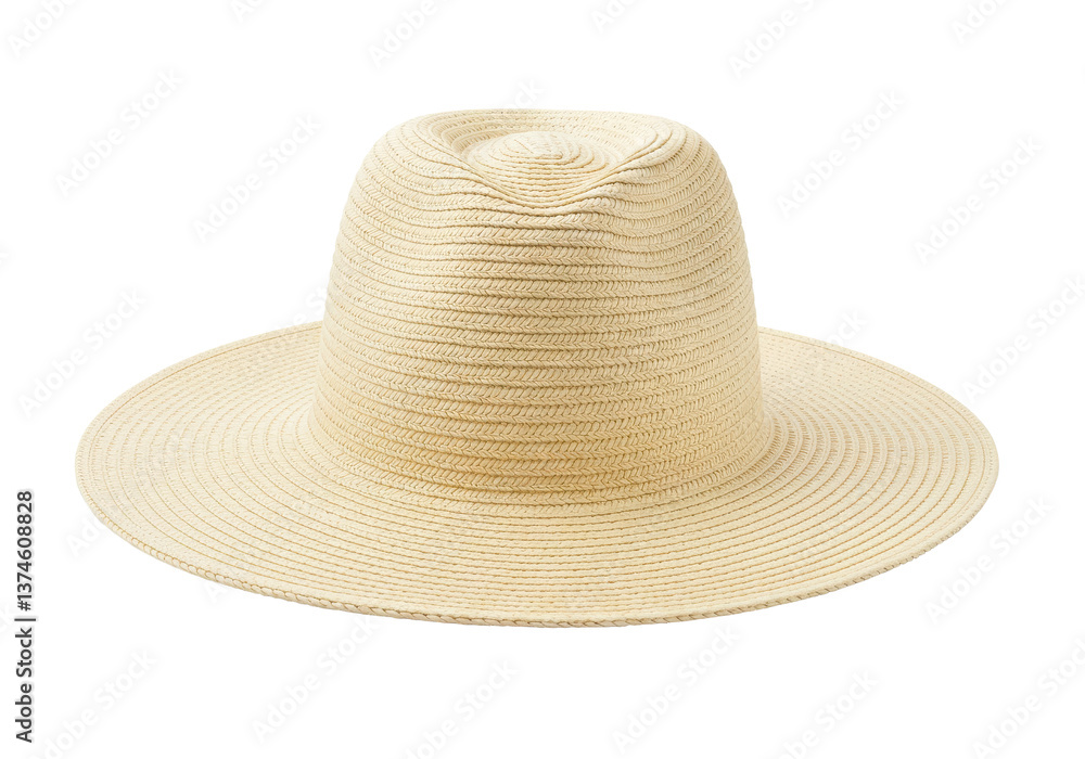Poster a simple straw hat with a wide brim and a slightly indented crown on a dark background image shot