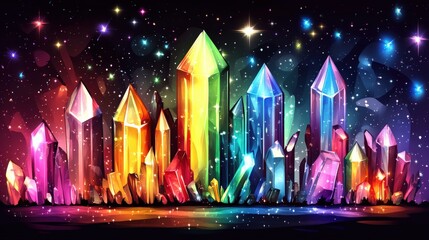 Vibrant Abstract Crystal Formation with Rainbow Colors Sparkling in a Cosmic Background of Stars and Glimmers for Enchanting Visuals