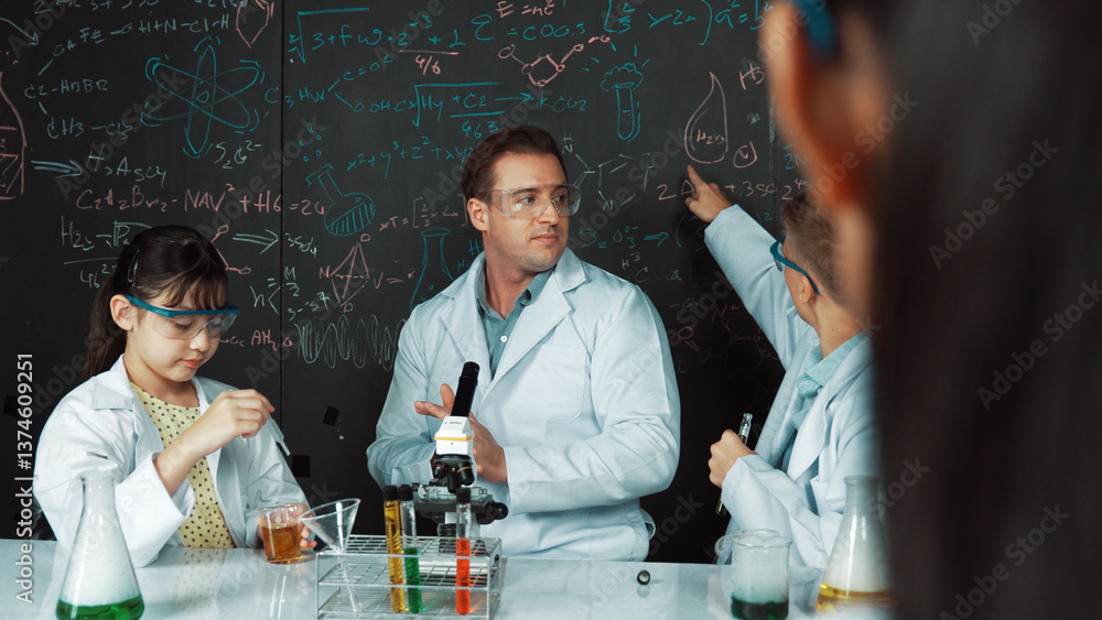 Poster smart teacher explain about chemical theory while student mixing colored solution or doing experimen