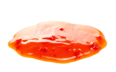 Chili sauce, puddle isolated on white background, side view