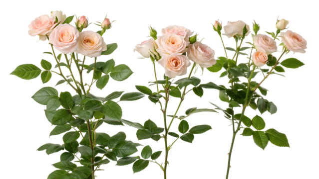long roses flower and leaves isolated on white background PNG. AI GENERATED